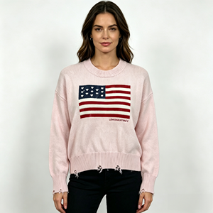 Pull rose à col rond et manches longues en tricot, ourlet déchiré, style décontracté - Product Image 1