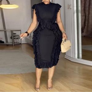 แฟชั่นเดรสสตรีแขนกุดคอกลมแต่งระบายลูกไม้ชุดเข้ารูปยาวคลุมเข่าสง่างาม - Product Image 2