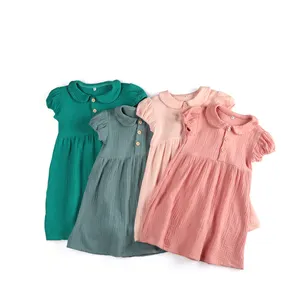 Wholesale Summer Kids Girls Muslin Dress Peter Pan Collar 100% Cotton Girl's Clothing