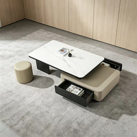Table basse moderne de luxe en placage de bois peint avec plateau en pierre microcristalline et rangement central pour salon