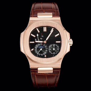 Montre pour homme avec boîtier en or rose de qualité supérieure, bracelet en cuir de crocodile marron, cadran noir, chronographe à phases lunaires, montre-bracelet mécanique - Product Image 1