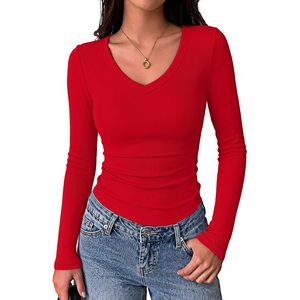 Camiseta básica ajustada de punto acanalado con cuello en V y manga larga para mujer, ropa informal para otoño - Product Image 1