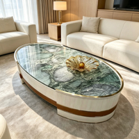Table basse ovale de luxe moderne exquise avec cadre en bois massif et plateau en pierre naturelle pour salon