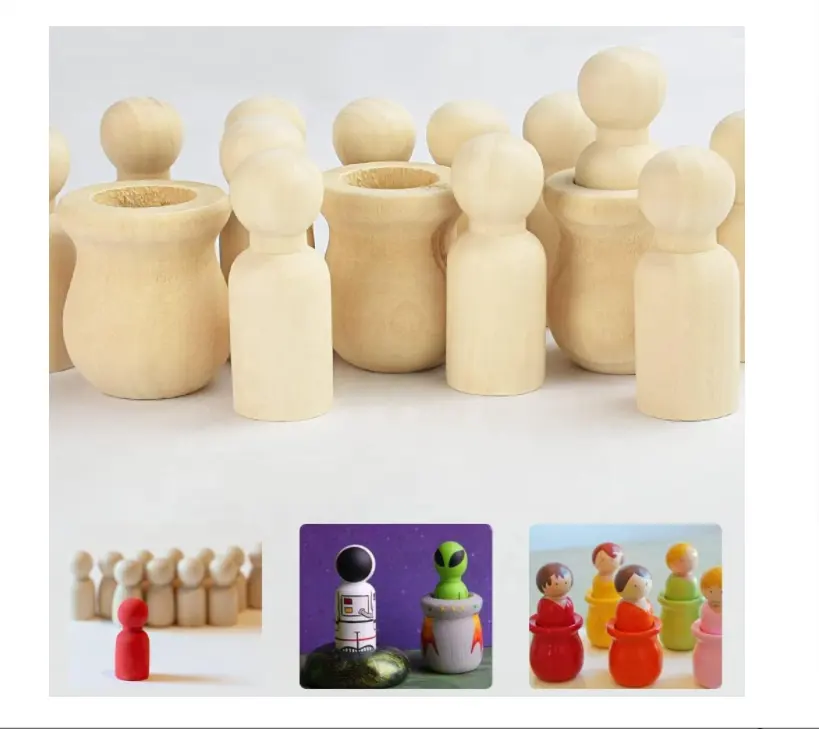 Unfinished Wooden Peg Dolls and Cups Wooden Family Figures Nature Wooden Loose Parts Novelty People Nesting Set for Kids