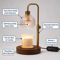 Lampe chauffe-bougie vintage en laiton avec abat-jour en verre côtelé, hauteur réglable, intensité variable, électrique, pour aromathérapie et décoration de table