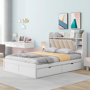 Cama Moderna de Madera Maciza con Plataforma, Cabecera Acolchada con Almacenamiento y Cajones para Dormitorio de Niños y Adultos - Product Image 3