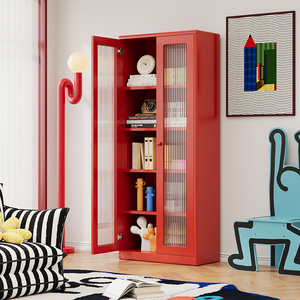 Libreria Alta in Acciaio con Ripiani Multipli e Ante in Vetro per Biblioteca Domestica - Product Image 3