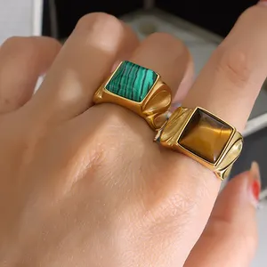 Trendy 18K Gold Plated Titanium Steel Vintage Rectangle Agate Finger Rings Turquoise Tiger Eye Ring For Women Jewelry
