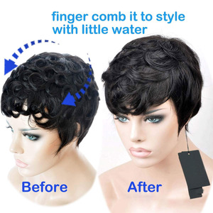 Peluca de Cabello Humano Corto Estilo Pixie con Flequillo, Sin Pegamento, Sin Encaje, Rizado, 100% Cabello Virgen, Proveedor para Mujeres Negras - Product Image 2