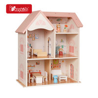 Maison de poupée en bois avec toit rose, 3 étages, 6 espaces de vie, plus 20 meubles pour les jeux imaginatifs des enfants W06A656B