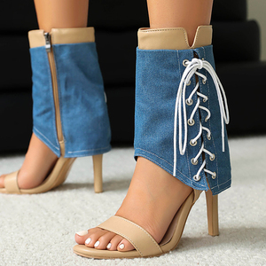 Women Side Lace up Summer Short Booties Single Band Zipper Ankle Boots Thin High Heels Sandals Big Size 48 Denim Overlay <b>Shoes</b> - Product Image 2