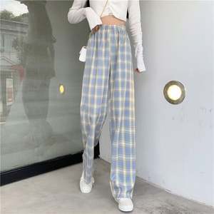 I-0412 High Waist Wide Leg Pants <b>Women</b> High Waist Casual Home Wear Pants Plaid Loose Straight-leg Pants - Product Image 2