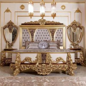 Giường ngủ cỡ King phong cách cổ điển hoàng gia, khung gỗ nguyên khối mạ vàng, chạm khắc gỗ kiểu châu Âu, kèm tủ quần áo - Product Image 1