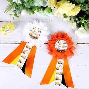 Kit de ceinture de maternité et de ceinture de ventre pour baby shower thème Construction, couleur orange, avec épingles de corsage pour future maman et future papa - Product Image 5