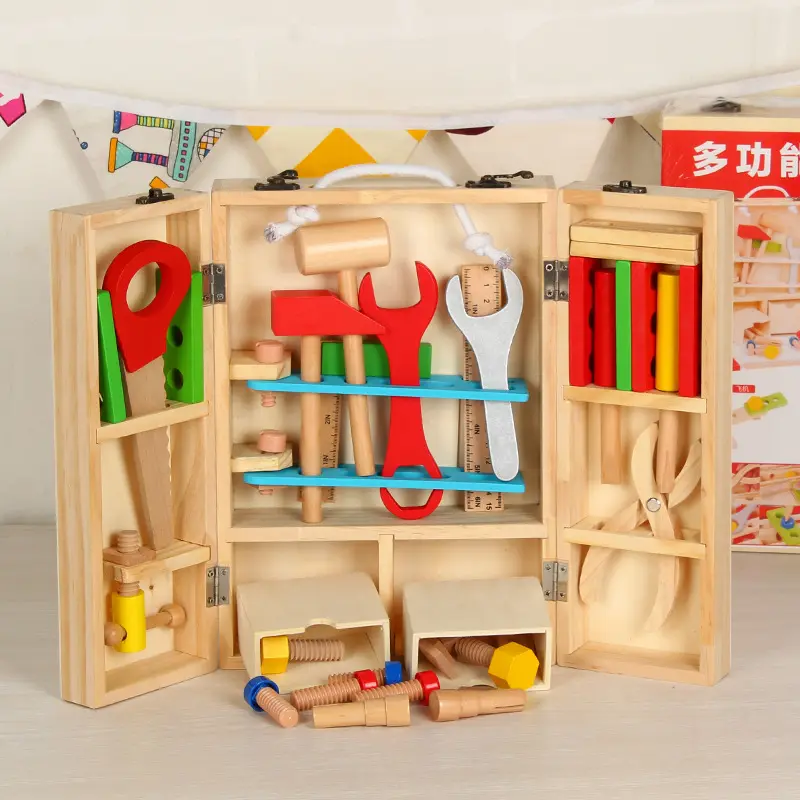 Kit di attrezzi in legno per bambini 37 pezzi Set di strumenti per bambini in legno include cassetta degli attrezzi e adesivi giocattoli educativi Montessori