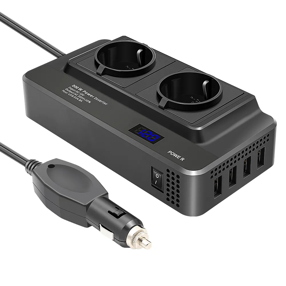 Inversor de corriente de 12V a 200 V CC para coche, inversor de corriente de onda sinusoidal modificada con 2 tomas de la UE, 2 salidas de CA, 4 puertos USB, inversor de corriente de 12V a 220V, Alemania