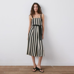 Abito Midi a Righe <span class=keywords><strong>con</strong></span> Cintura, Scollo Quadrato, Senza Maniche, Spalline Sottili, Chiusura Frontale <span class=keywords><strong>con</strong></span> Laccetti, per Feste Estive e Serate - Product Image 1