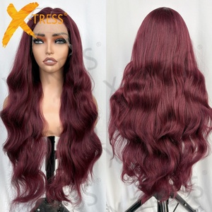 Ombre rosso Pre strappata del corpo onda di pizzo T parte <span class=keywords><strong>parrucca</strong></span> <span class=keywords><strong>lunga</strong></span> in misto sintetico capelli rosa e rosmarino pizzo anteriore parrucche in misto sintetico capelli - Product Image 2