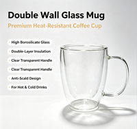 Mug en verre borosilicate double paroi fait main, anti-fuite, compatible lave-vaisselle, 180 ml, corps transparent uni et lisse, poignée transparente