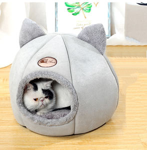 Huisdierenbedden Tent Huis Hondenkennel Grijs Pluche Warm Winternest Huisdier Zacht Opvouwbaar Slapende Kattenbedden - Product Image 5