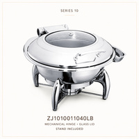 Plat de service chauffant en acier inoxydable avec couvercle en verre rond et charnière mécanique, compatible induction, pour équipement de restauration et buffet