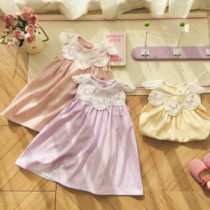 Robe pour enfants brodée de fleurs vintage - Robe pour enfants <span class=keywords><strong>à</strong></span> col en pétales festonnés, robe sans manches en coton doux pour fillette - Product Image 1
