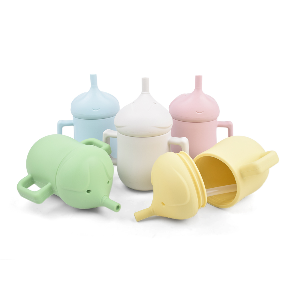 Милая форма слона, 100% пищевой силикон, тренировочная чашка для малышей, детская чашка с соломинкой
