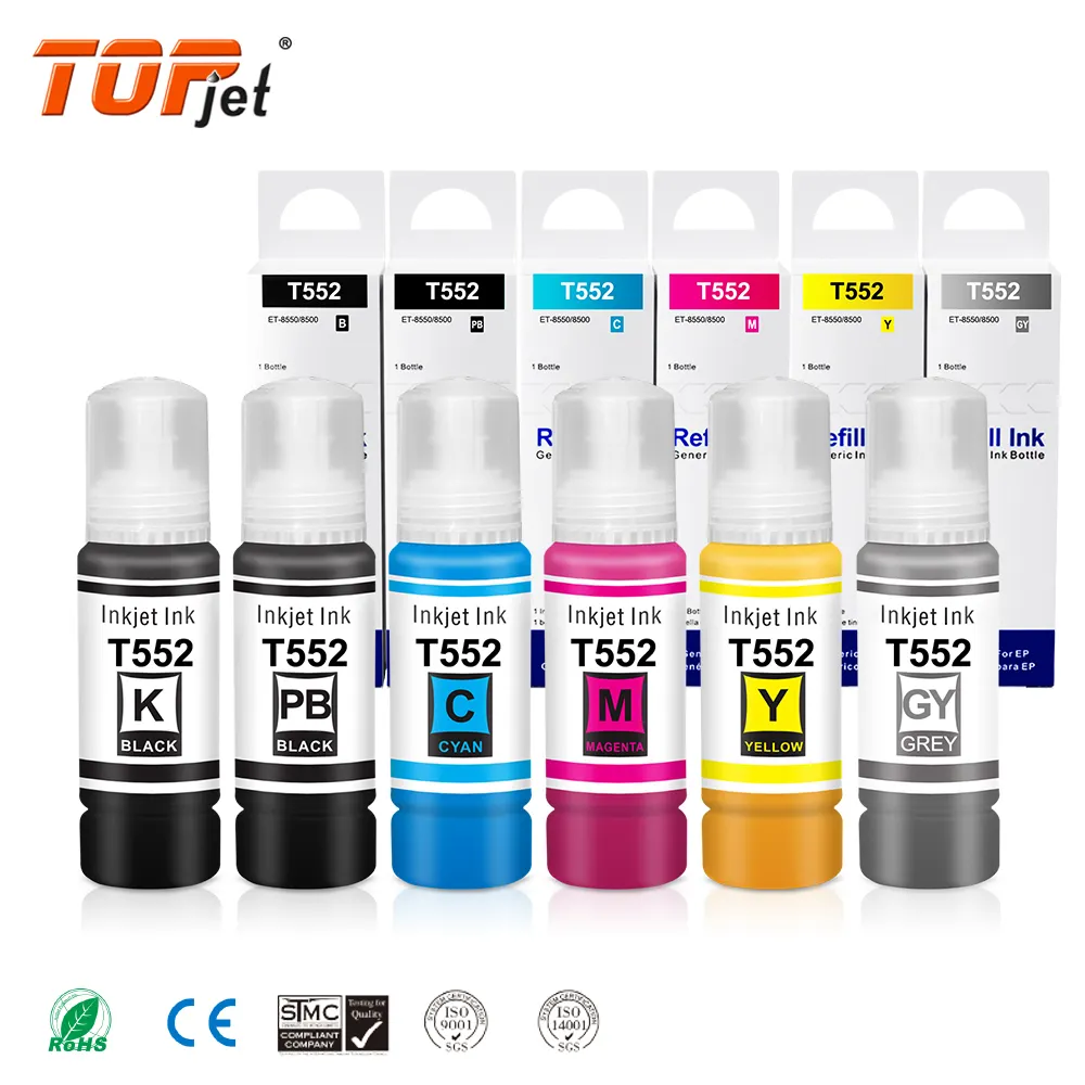 Topjet Kit isi ulang tinta Printer T552 552 tinta pewarna botol dasar air kompatibel untuk Epson ECOTANK foto ET-8550 8500