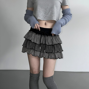 Korean Style Y2K Color Block Striped Mini <b>Skirt</b> Women <b>Low</b> <b>Rise</b> Layered Ruffle Tiered Cake <b>Skirt</b> Street Style - Product Image 2