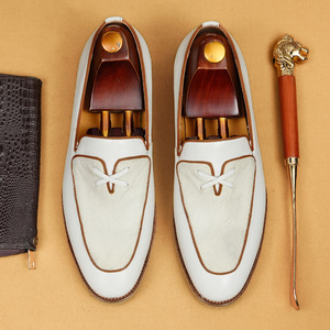 Mocassins en cuir véritable blanc pour hommes, bout rond, à enfiler, respirants, toutes saisons, chaussures décontractées pour affaires - Product Image 1