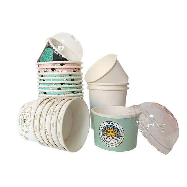 גביע נייר חד פעמיים נייר קיר עבור גלידה אריזה עוגת גביע ידידותי לסביבה באיכות גבוהה נייר עם כיפה כיפה כיפה שטוחה