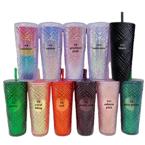 24oz Jeweled Tumbler với nắp và rơm tái sử dụng nhựa kim cương cắt đôi Tường Cách Nhiệt chai nước BPA free