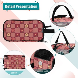 Bolsa de Maquillaje Portátil a Cuadros Rojos de Moda con Dos Compartimentos con Cremallera, Bolsa de Cosméticos Grande de Viaje, Bolsa con Cremallera Floral Personalizada con Logotipo - Product Image 2