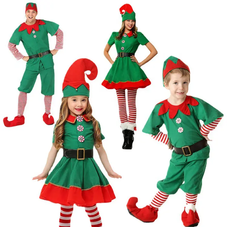 Family Christmas Elf Clothes Dress Green Elves Clothes Christmas Costume Set for Adults and Children