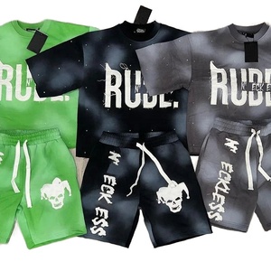 Rainbow Spray OEM Manufacturer Custom <strong>Men's</strong> Sun Faded T-shirts and <strong>Shorts</strong> Sets Summer Embroidered <strong>Patch</strong> Tee <strong>Shorts</strong> 2 Piece Sets - Product Image 1