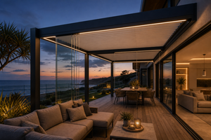 Pérgola Moderna de Aluminio RKOVE RK-S2 4*6 con Techo de Láminas y Puertas Corredizas de Vidrio, Gazebo Impermeable para Exteriores - Product Image 5