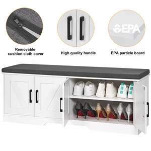 Banco de Almacenamiento de 2 Niveles, 47.2 Pulgadas de Ancho, Banco <span class=keywords><strong>para</strong></span> <span class=keywords><strong>Zapatos</strong></span> con Asiento Acolchado, Banco <span class=keywords><strong>para</strong></span> Entrada con 4 Puertas Corredizas y <span class=keywords><strong>Estante</strong></span> Ajustable, Blanco - Product Image 3
