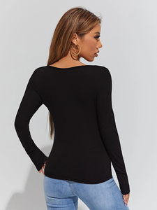 95% Cotton 5% Spandex Women's <b>Square</b> <b>Neck</b> Slim <b>Long</b> <b>Sleeve</b> Shirts <b>Tops</b> - Product Image 6