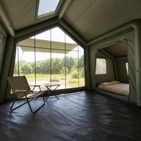 Tente Cabine Gonflable Vert Foncé 16 m² 3.2x5x2.3m avec Porte TPU, 2 Pièces, Mélange Coton 210G, Tente Gonflable pour 7-10 Personnes, Glamping Familial