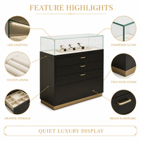Vitrine de présentation de bijoux sur pied personnalisable, en verre, acier inoxydable et bois, avec éclairage LED, pour magasin de détail