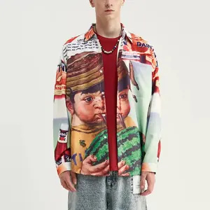 Digital Printing Pattern Street European American Style Custom Spring Hip-Hop Boy Brand Satin Long-Sleeved Shirt
