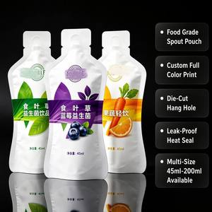 Sachet <span class=keywords><strong>de</strong></span> recharge liquide <span class=keywords><strong>de</strong></span> 45 ml, format compact, avec trou <span class=keywords><strong>de</strong></span> suspension découpé, qualité alimentaire, anti-fuite, pour boisson probiotique, jus <span class=keywords><strong>de</strong></span> fruits, supplément, vente <span class=keywords><strong>en</strong></span> gros OEM - Product Image 1