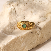 Bague de soleil en pierre verte naturelle en acier inoxydable plaqué or 18K, bague punk pour fille