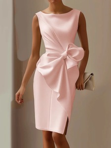 Elegante Abito Midi Senza Maniche con Fiocco in Vita, Tessuto Morbido e Confortevole, Scollo a Barca, Vestito Aderente per Eventi Formali e Uscite Quotidiane - Product Image 2