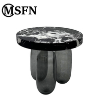 Table console moderne en marbre |   Table d'appoint de luxe avec plateau en marbre noir et base en forme de bouteille de verre pour salle à manger, villa, salon