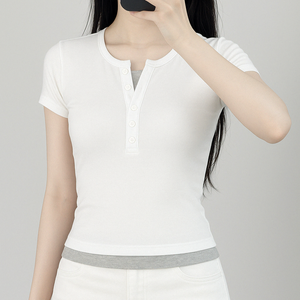 HOT Products Slim-Fit Cotton <b>White</b> T-<b>Shirt</b> <b>Short</b>-<b>Sleeved</b> with Double-Layer Collar Button-Down Hot Summer <b>Shirt</b> - Product Image 4