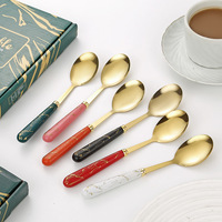 Cuillère de table coréenne à long manche, ensemble cadeau, motif marbré, en porcelaine avec manche en acier inoxydable