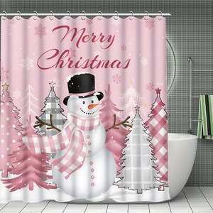 Cortina de Ducha de Poliéster con Diseño de Muñeco de Nieve Rosa y Árboles a Cuadros, Impresión Digital Personalizada, Impermeable, Venta al Por Mayor, Moderna - Product Image 2
