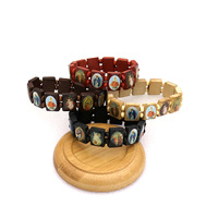 Bracelet personnalisable en bois extensible avec breloque catholique, design croix plaqué argent antique, perles de chapelet colorées