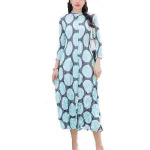 Roupas femininas elegantes plisse vestido longo texturizado casual plissado casaco vestido de manga comprida moda polka dot vestidos mulheres